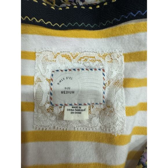 Yellow Striped Tank Top Floral Neckline Sleeveless Casual Cute - Picture 4 of 7